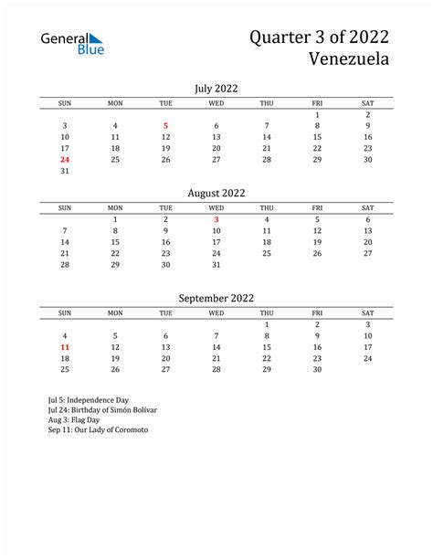 Quarter 3 2022 Venezuela Quarterly Calendar