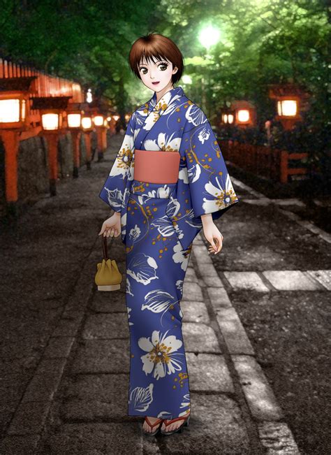 Yui Toshiki Original Highres 1girl Blue Kimono Brown Eyes Brown