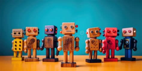 A Group Of Wooden Robots Standing Next To Each Other Ai Generative