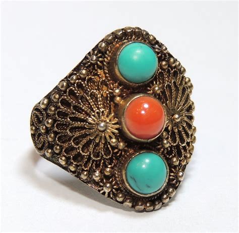 Chinese Export Turquoise Coral Silver Ring Gold Vermeil Cannetille