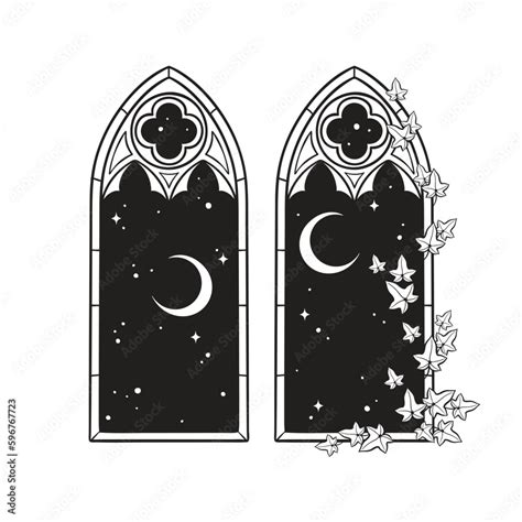 Gothic Windows With Poison Ivy And Night Sky With Crescent Moon Hand