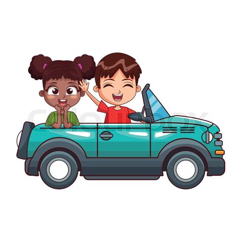Cartoon Two Smiling Kids Driving Car Stock Vector Colourbox