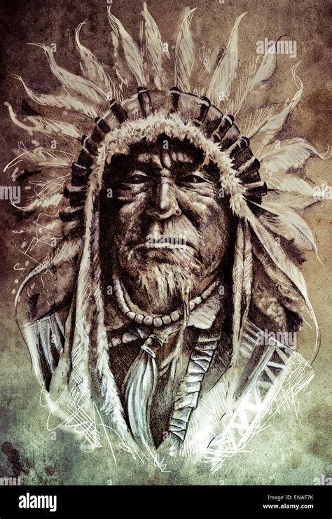 Sketch Of Tattoo Art Native American Indian Head Chief Vintage Style