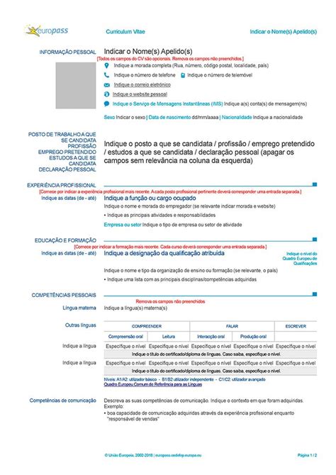 Curriculo Vite Em Português Exemplos De Modelo Europeu De Curriculum