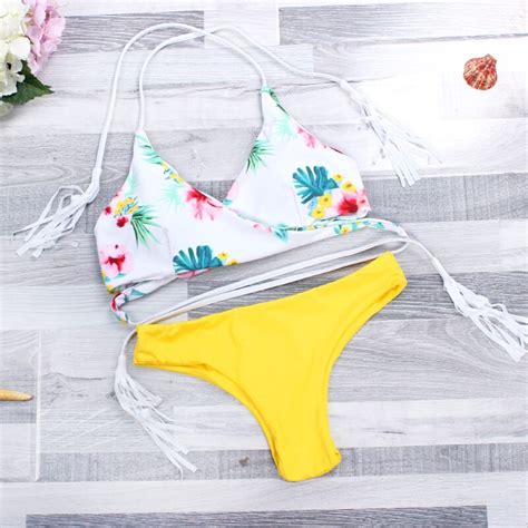 Kailindi Printed Bra Solid Bottom Micro Bikinis Set Women Swimsuit