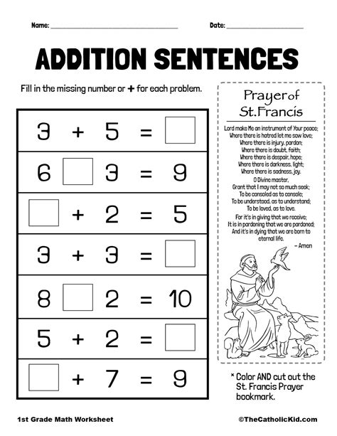 Addition Sentences 1st Grade Math Worksheet Catholic