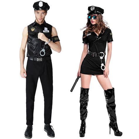 Sexy Couples Black Cop Costumes Halloween For Women Men Game Stage Bar Police Costume Cosplay In