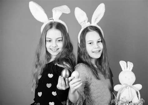 Easter Day Happy Easter Holiday Bunny Girls With Long Bunny Ears Egg And Bunny Holiday
