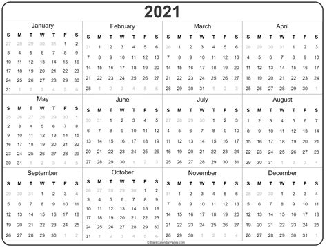 Blank Yearly Calendar 2021 Calendar Template Printable