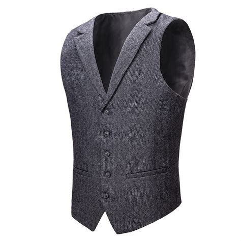 Voboom Wool Blend Tweed Herringbone Vest Coat Men Gray Single Breasted