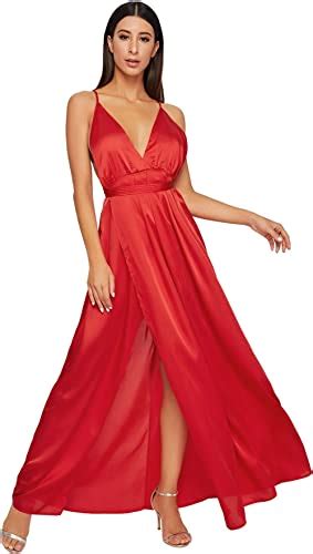 Shein Womens Sexy Satin Deep V Neck Backless Maxi Party