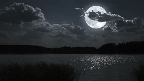 Full Moon Night Landscape With Forest Lake Stock Footage