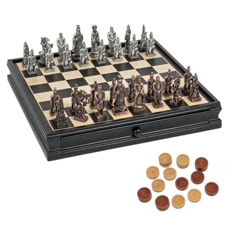 Chinese Qin Chess And Checkers Game Set Pewter Chessmen And Black Stained