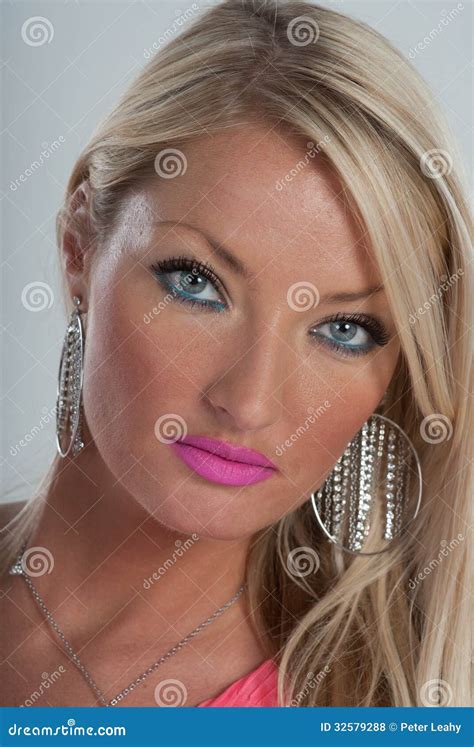 Pink Lipstick Blue Eyes And Blonde Hair Stock Photo Image Of