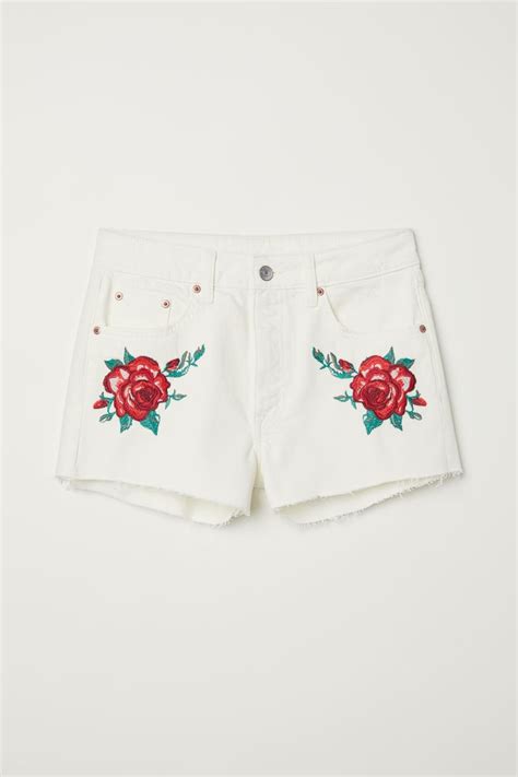 embroidered denim shorts white denim roses ladies handm us