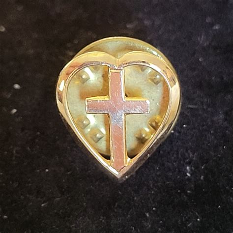 Cross In Heart Gold Tone Used Lapel Hat Vest Pin Tie Tack Christ Faith