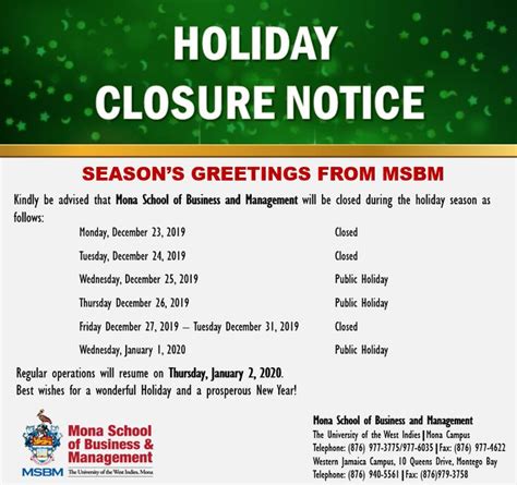 Holiday Closure Notice Msbm Jamaica Announcement Mona
