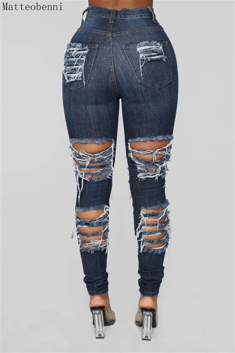 Sexy Mid Waist Skinny Jeans Women Vintage Denim Pants Hole Destroyed Pencil Pants Casual