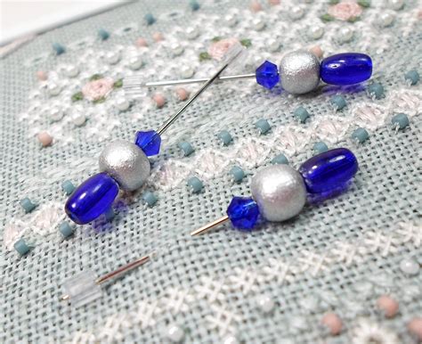 Cobalt Blue Silver Handmade Beaded Counting Pins Marking Needles For