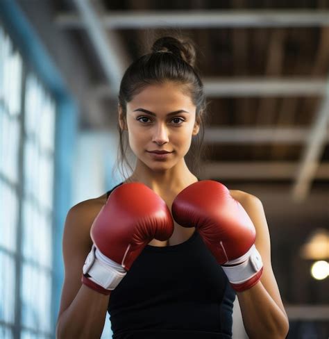 Premium Photo Young Beautiful Woman Posing With Boxing Gloves
