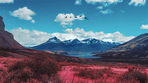 Mountains Lake Valley Under Blue White Clouds Sky Hd Nature Wallpapers