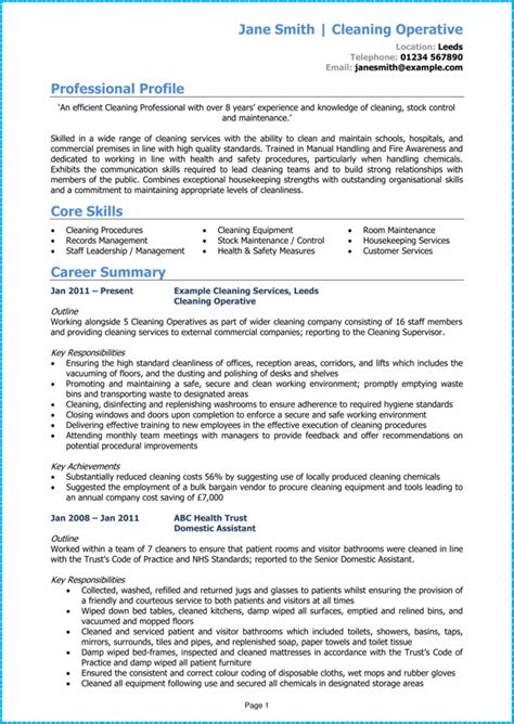 Cleaning, removing, sanitizing, maintaining, person type: Cleaner CV example page 1. Write a winning cleaner CV with ...