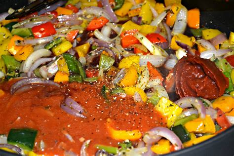 Prep the onions, peppers, and garlic. Sausage, Peppers and Onions in a Spicy Tomato Sauce - A ...