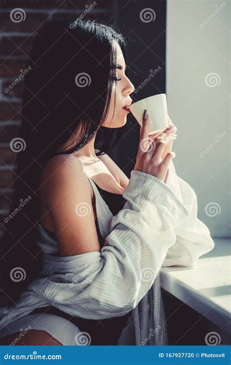 The Best Coffee For Her Daily Routine Sensual Girl Drinking Her Favorite Morning Coffee Stock
