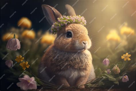 Premium Photo Cute Bunny With Flower Crown Close Up View Generative Ai