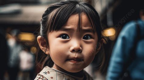 Little Asian Girl In The Street Is Looking At The Camera Background A Girl Who Challenges A