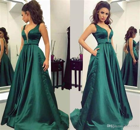 Simple emerald green plus size bridesmaids dresses stain straps a line. Fashion Emerald Green Satin Deep V Neck Prom Dress ...
