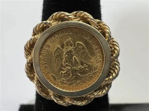 1945 14k Gold Mexico Dos Peso Gold Coin Sz 55 Ring 67g 26005