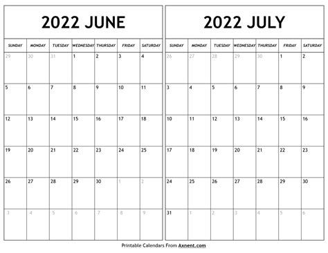 June July 2022 Calendar Templates Two Months