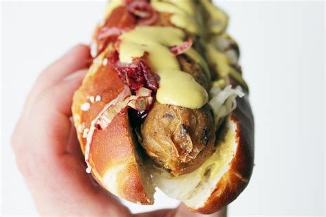 Bavarian Hot Dog With Vegan Bratwurst And Sauerkraut Cheap And