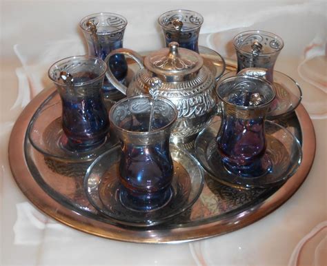 VINTAGE TURKISH TEA SET TRAY POT 6 CUPS SAUCERS SPOONS FREE