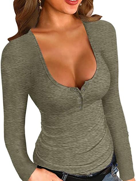 Womens Scoop Neck Henley Tops Slim Fit Long Sleeve Shirts Button Down