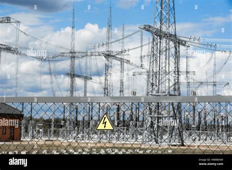 High Voltage Warning Sign On High Voltage Substation Stock Photo Alamy