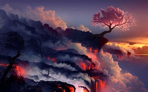 Artwork Cherry Blossom Trees Lava Clouds Wallpaper Coolwallpapersme