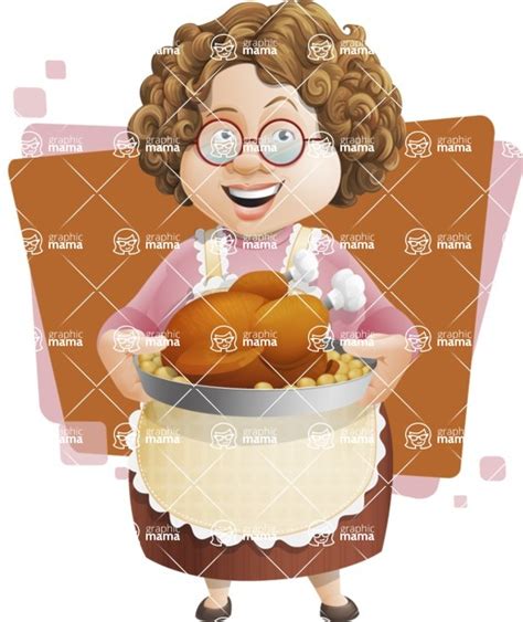 Grandma Vector Cartoon Character 112 Illustrations Set Cooking Turkey For Thanksgiving With