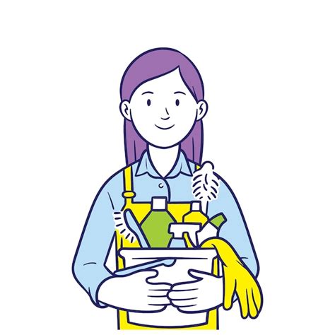 Premium Vector Young Woman Holding A Bucket Of Cleaning Equipment