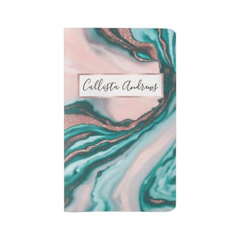 Rose Gold Glitter Pink Teal Swirly Painted Marble Large Moleskine