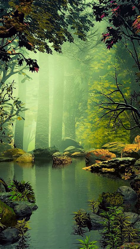Calm Water 3d Forest Nature River Rocks Trees Hd Phone Wallpaper