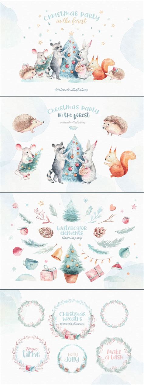 Cute Cartoon Watercolor Christmas Clipart Merry Christmas Etsy