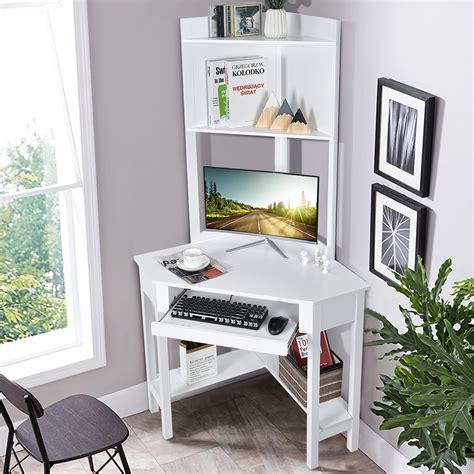 buy tangkula white corner desk with hutch 90 degrees triangle corner computer desk with