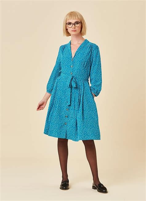 Barbara Polka Dot Dress Button Through Blue Shirt Dress Joanie Joanie Clothing Vintage