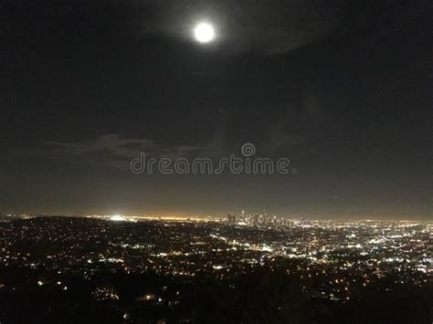 Full Moon Over The City Of Los Angeles At Night Stock Photo Image Of