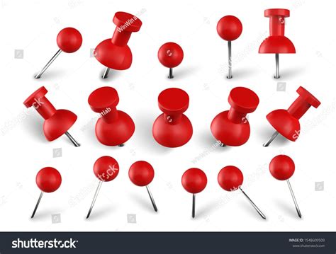 Realistic Red Push Pins Attach Buttons On Needles Pinned Office