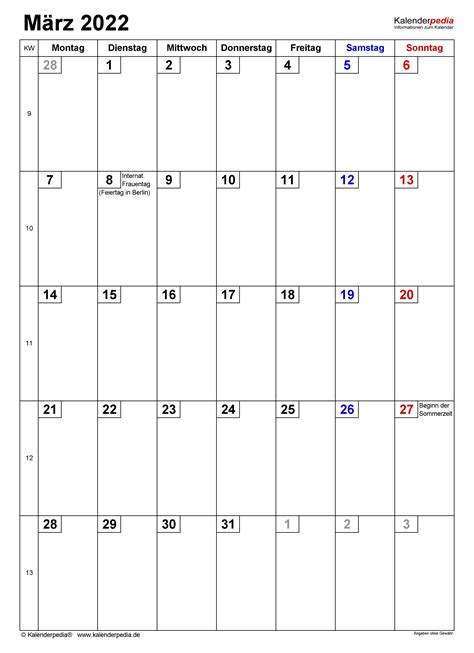 Kalender März 2022 Als Pdf Vorlagen