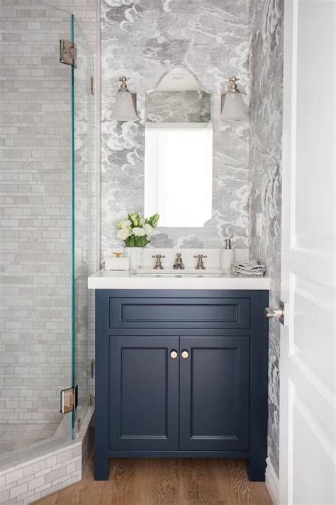 Blue Washstand With Arched Mirror And White Glass Bell