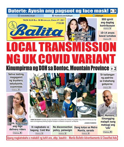 Balita January 27 2021 Newspaper Get Your Digital Subscription